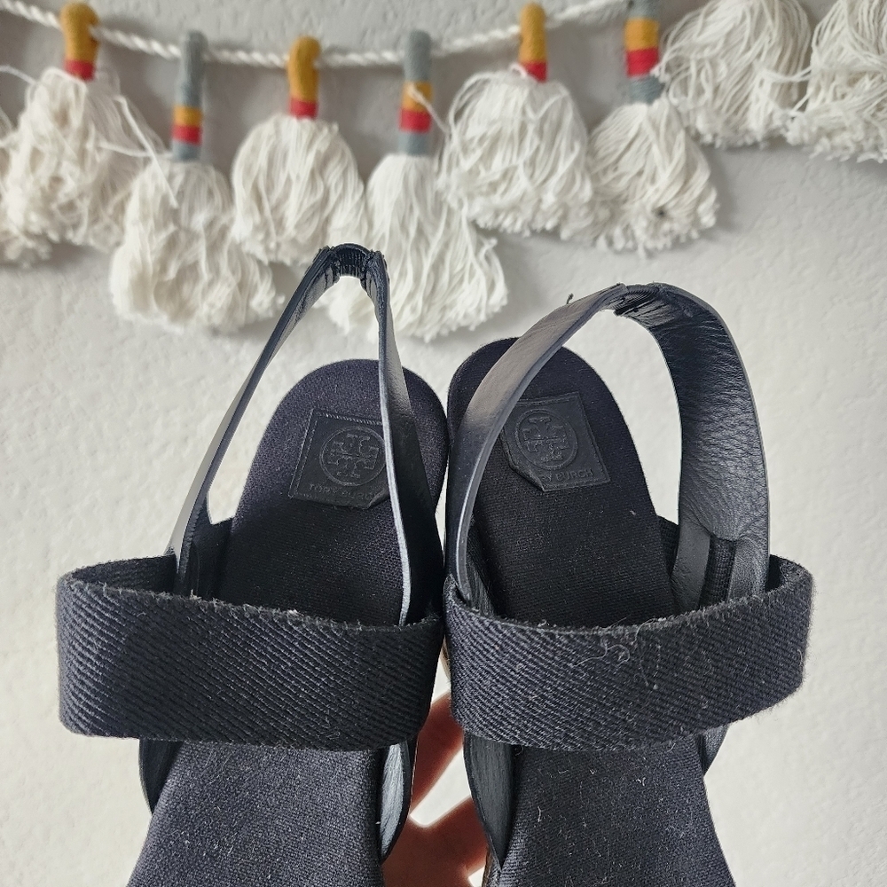 Tory Burch Espadrille Wedge Slingback Black Canvas Sandal Boho Chic Comfort 10 - Picture 8 of 11